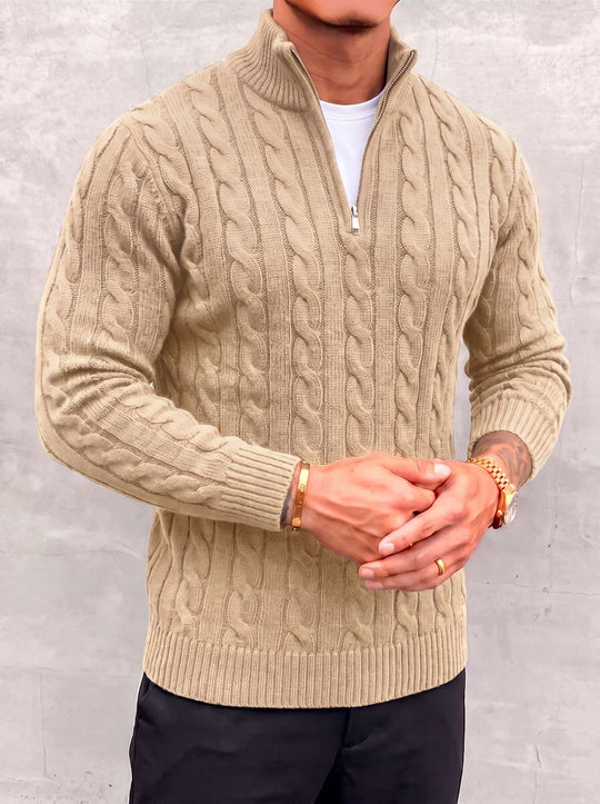 Arturo Cable-Knit Sweater - Beige - open quarter zip close-up