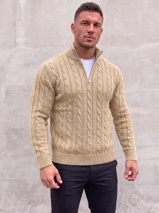 Arturo Cable-Knit Sweater - Beige - open quarter zip front view