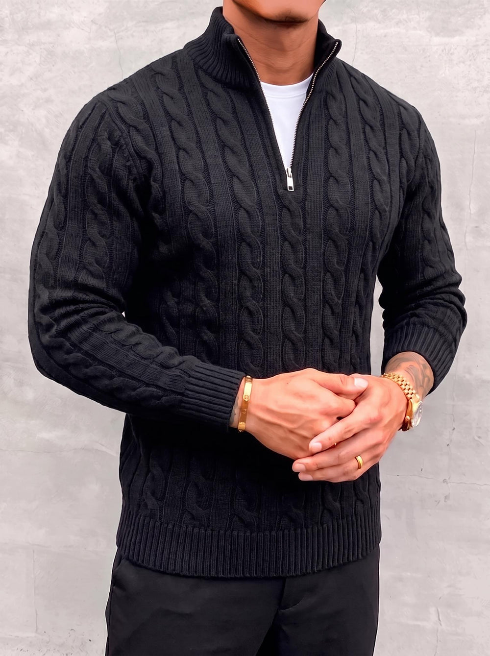 Arturo Cable-Knit Sweater - Black - open quarter zip close-up