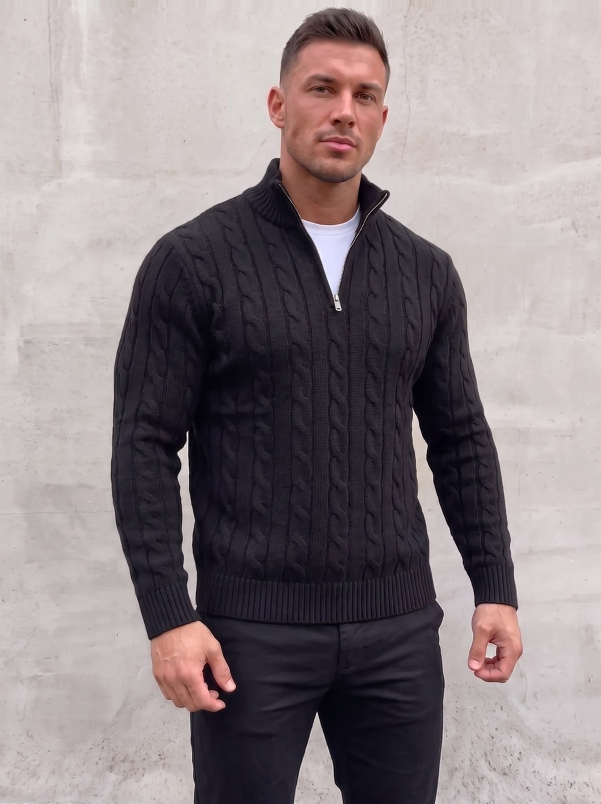 Arturo Cable-Knit Sweater - Black - open quarter zip front view