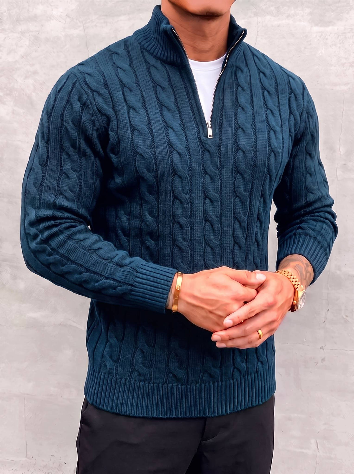 Arturo Cable-Knit Sweater - Blue - open quarter zip close-up