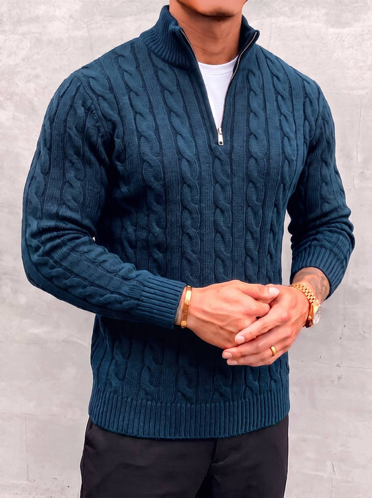 Arturo Cable-Knit Sweater - Blue - open quarter zip close-up