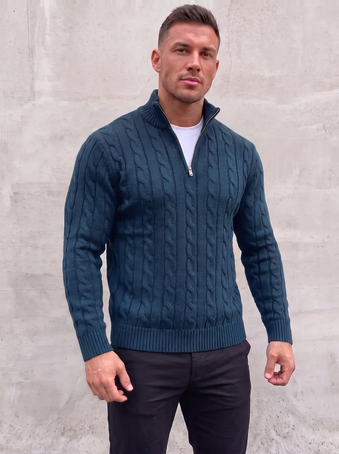 Arturo Cable-Knit Sweater - Blue - open quarter zip front view