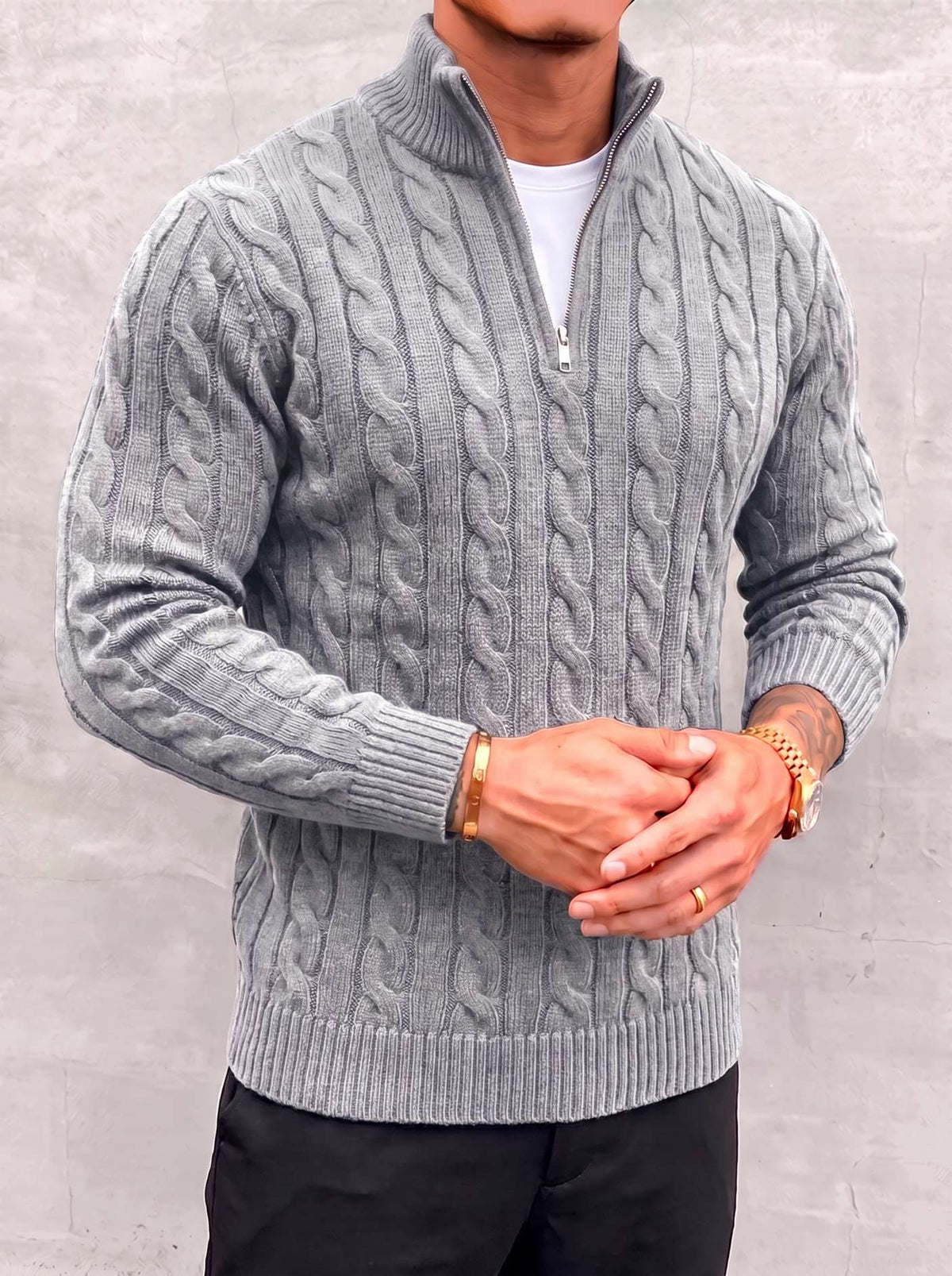 Arturo Cable-Knit Sweater - Light Grey - open quarter zip close-up