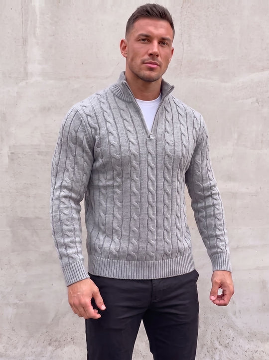 Arturo Cable-Knit Sweater - Light Grey - open quarter zip front view