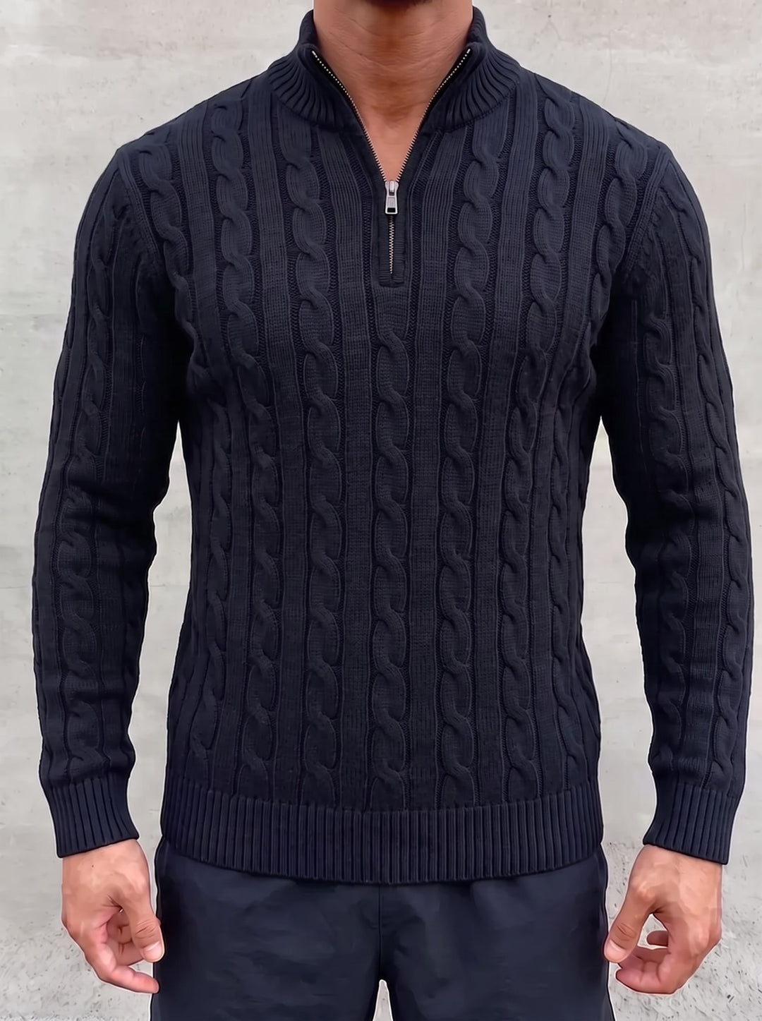 Arturo Cable-Knit Sweater - Navy Blue - front detail