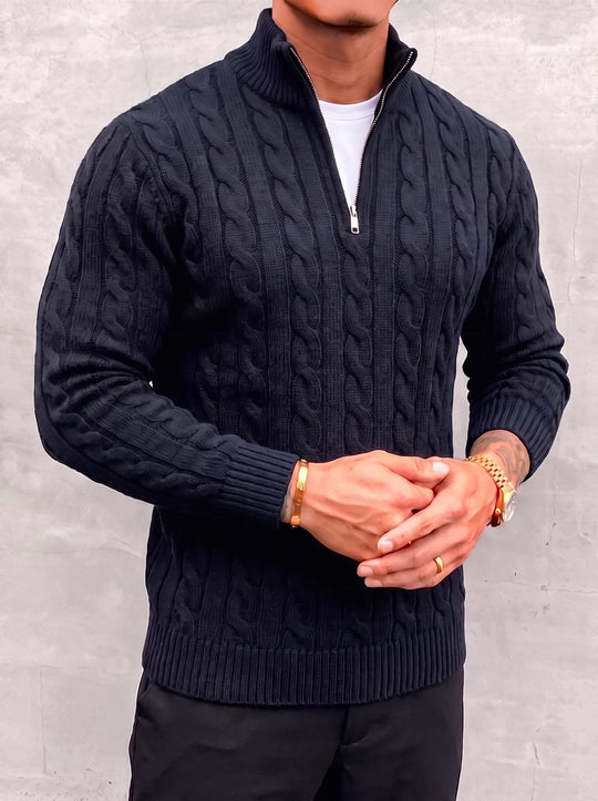 Arturo Cable-Knit Sweater - Navy Blue - open quarter zip close-up