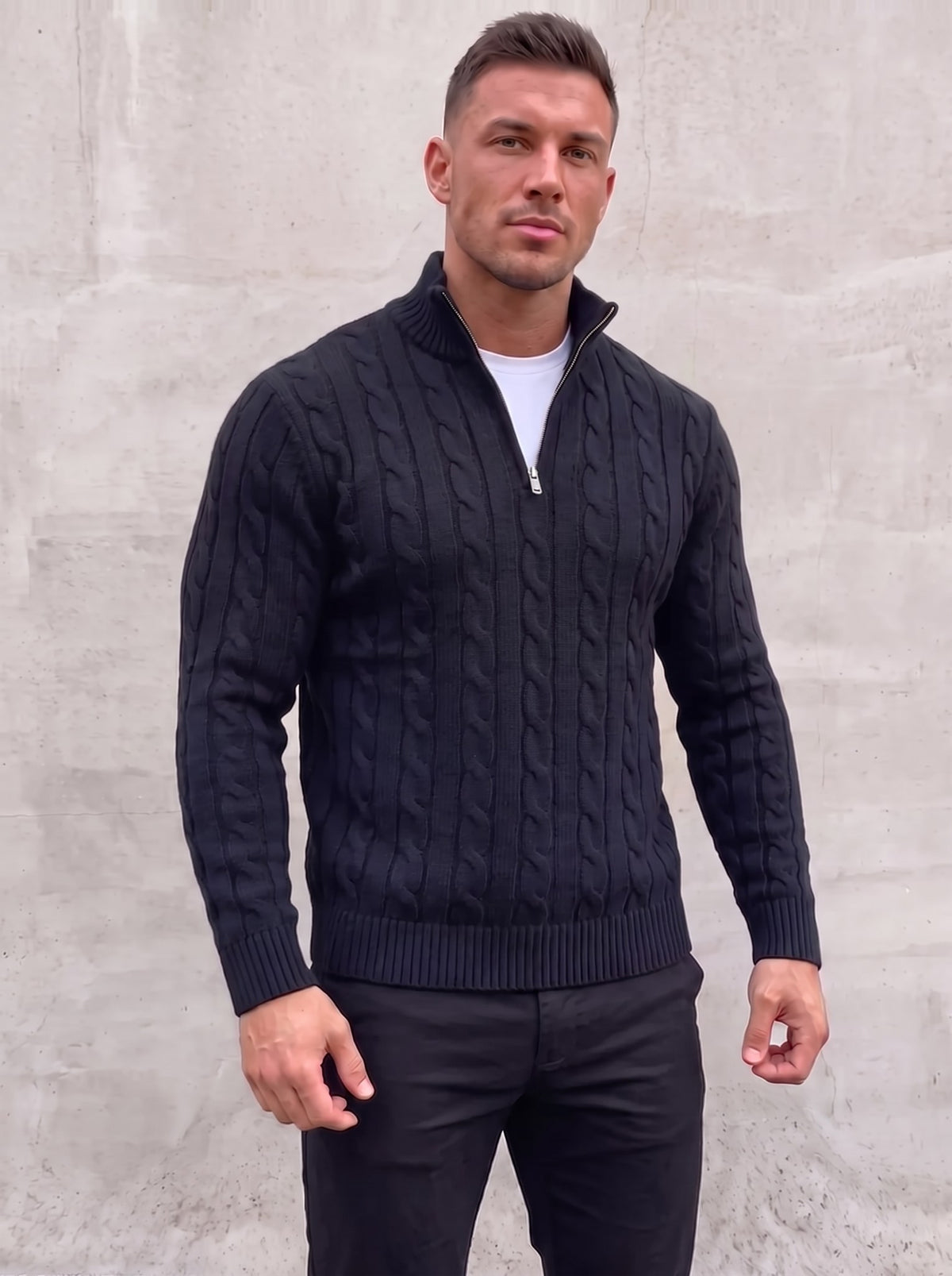 Arturo Cable-Knit Sweater - Navy Blue - open quarter zip front view