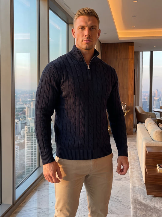 Arturo Cable-Knit Sweater - Navy Blue - lifestyle