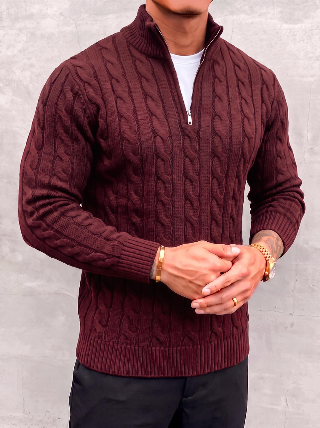 Arturo Cable-Knit Sweater - Red - open quarter zip close-up
