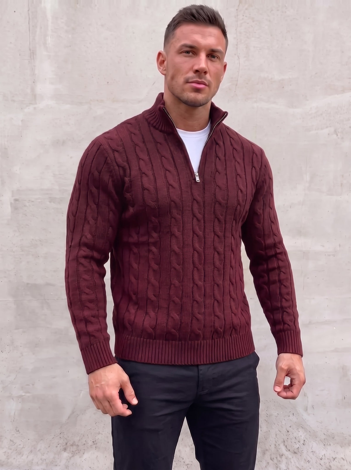 Arturo Cable-Knit Sweater - Red - open quarter zip front view