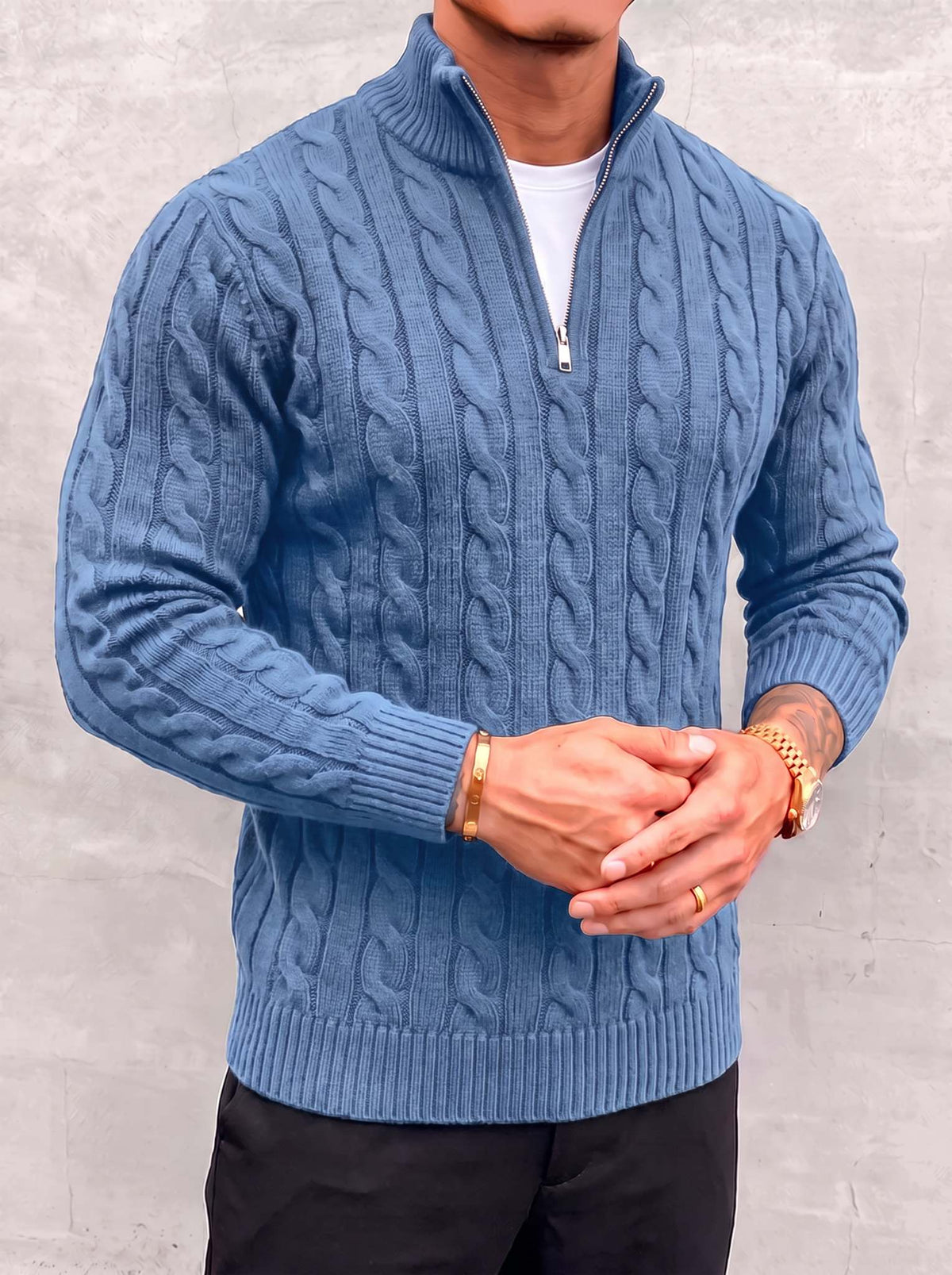 Arturo Cable-Knit Sweater - Sky Blue - open quarter zip close-up
