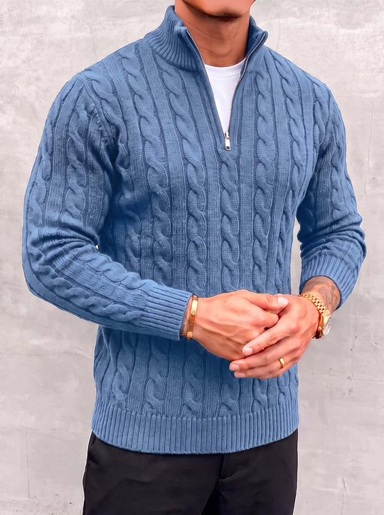 Arturo Cable-Knit Sweater - Sky Blue - open quarter zip close-up