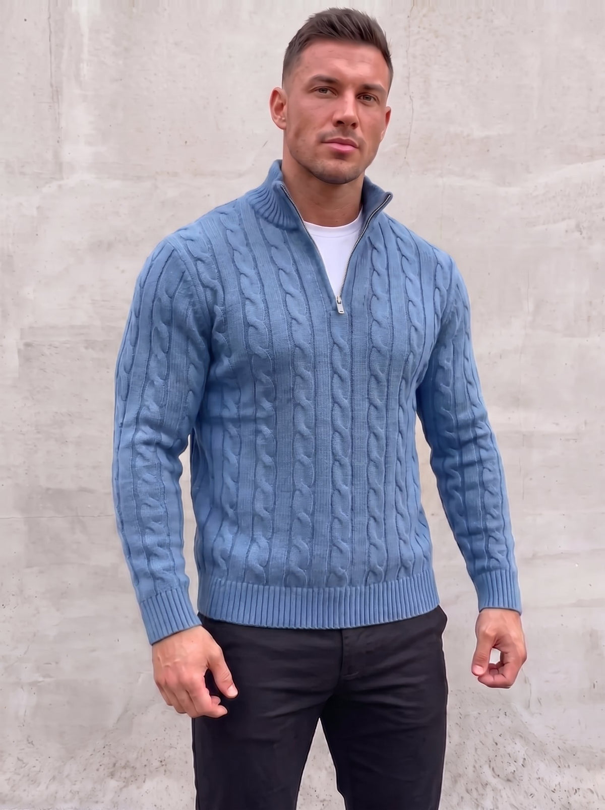 Arturo Cable-Knit Sweater - Sky Blue - open quarter zip front view