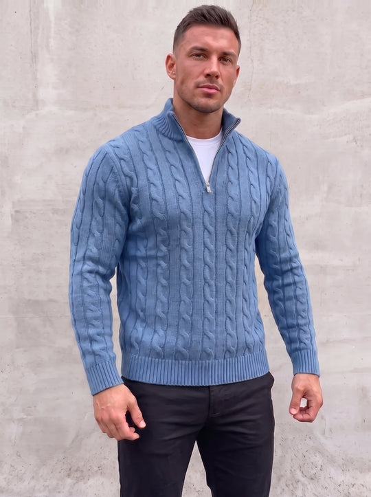 Arturo Cable-Knit Sweater - Sky Blue - open quarter zip front view