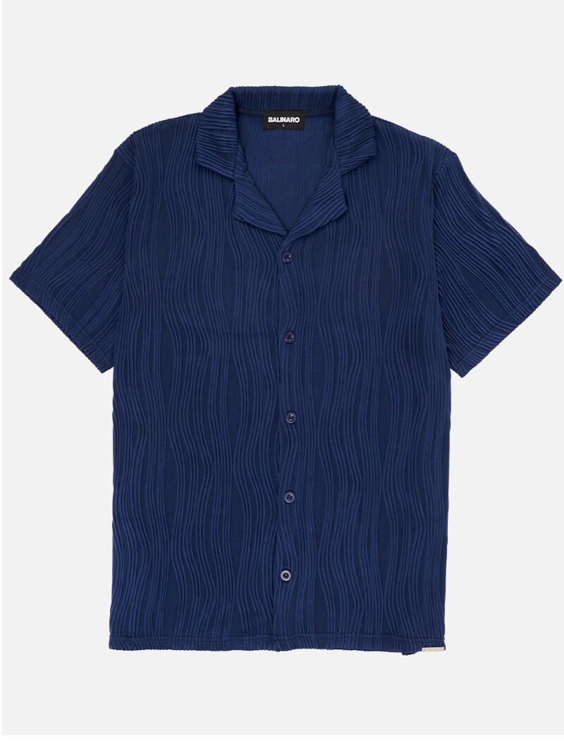 Rio Shirts - Blue ribbed blouse with a collar on a white background