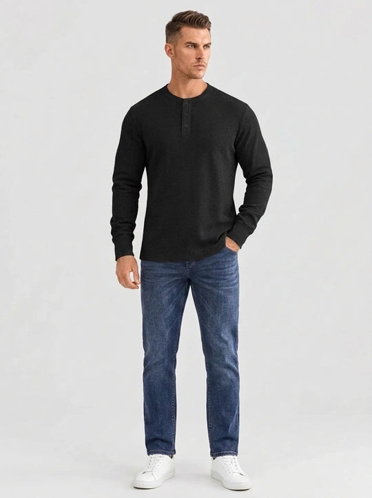 Henley Aviero Waffle Sweater - Black