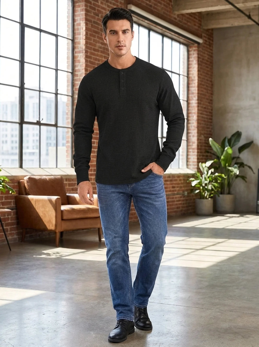 Henley Aviero Waffle Sweater - Black