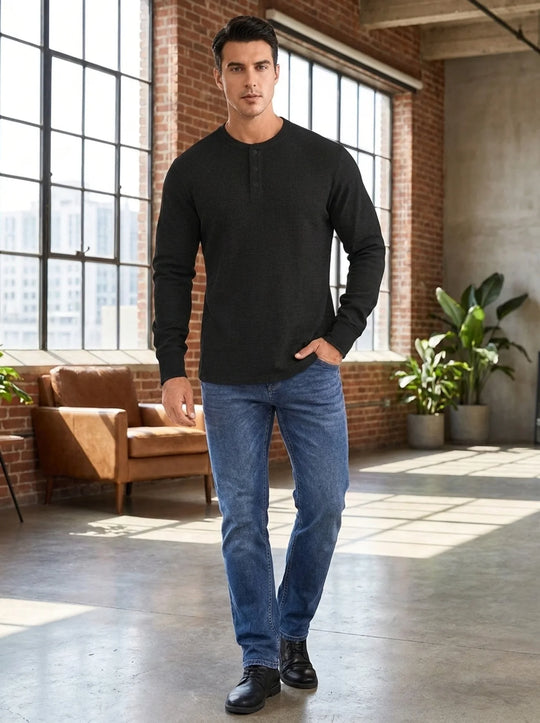 Henley Aviero Waffle Sweater - Black