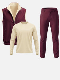 Massimo Gilet Set with Long Sleeve - Beige Top & Burgundy Pants