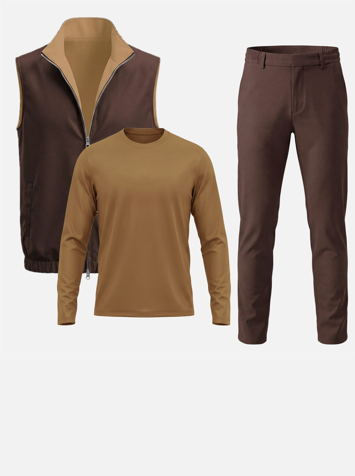 Massimo Gilet Set with Long Sleeve - Brown Top & Brown Pants