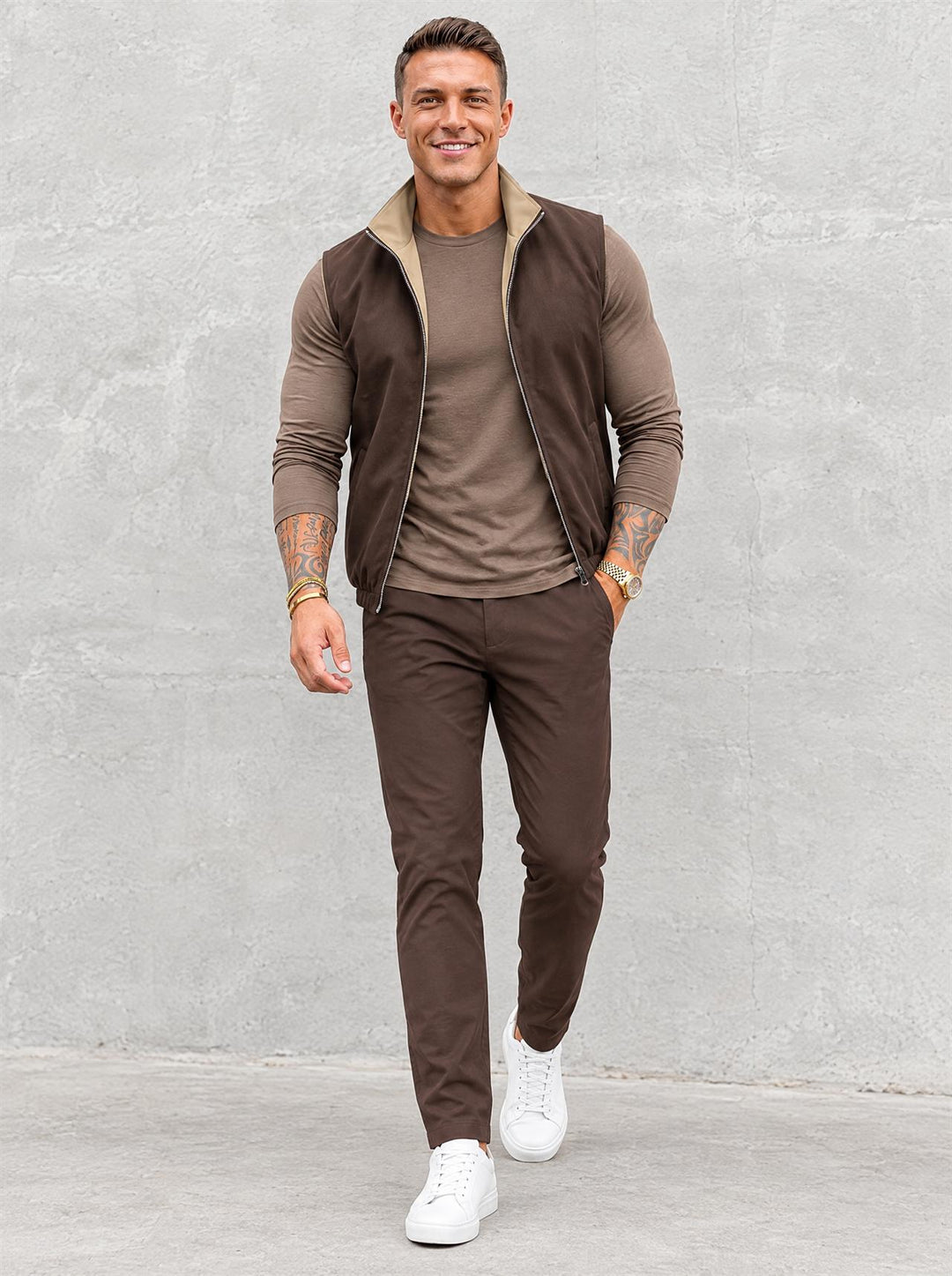 Massimo Gilet Set with Long Sleeve - Brown Top & Brown Pants