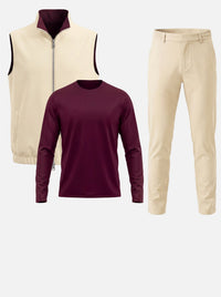 Massimo Gilet Set with Long Sleeve - Burgundy Top & Beige Pants