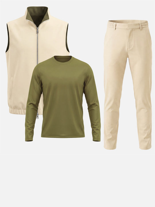 Massimo Gilet Set with Long Sleeve - Olive Green Top & Beige Pants
