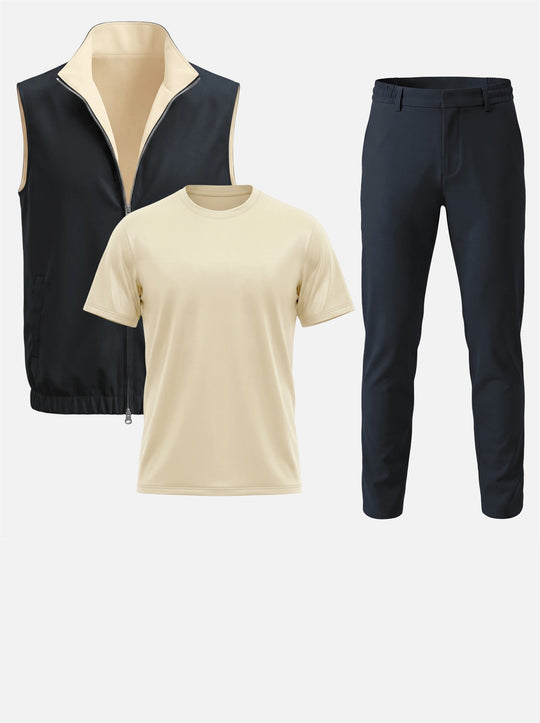 Massimo Gilet Set with T-Shirt - Beige Top & Navy Blue Pants