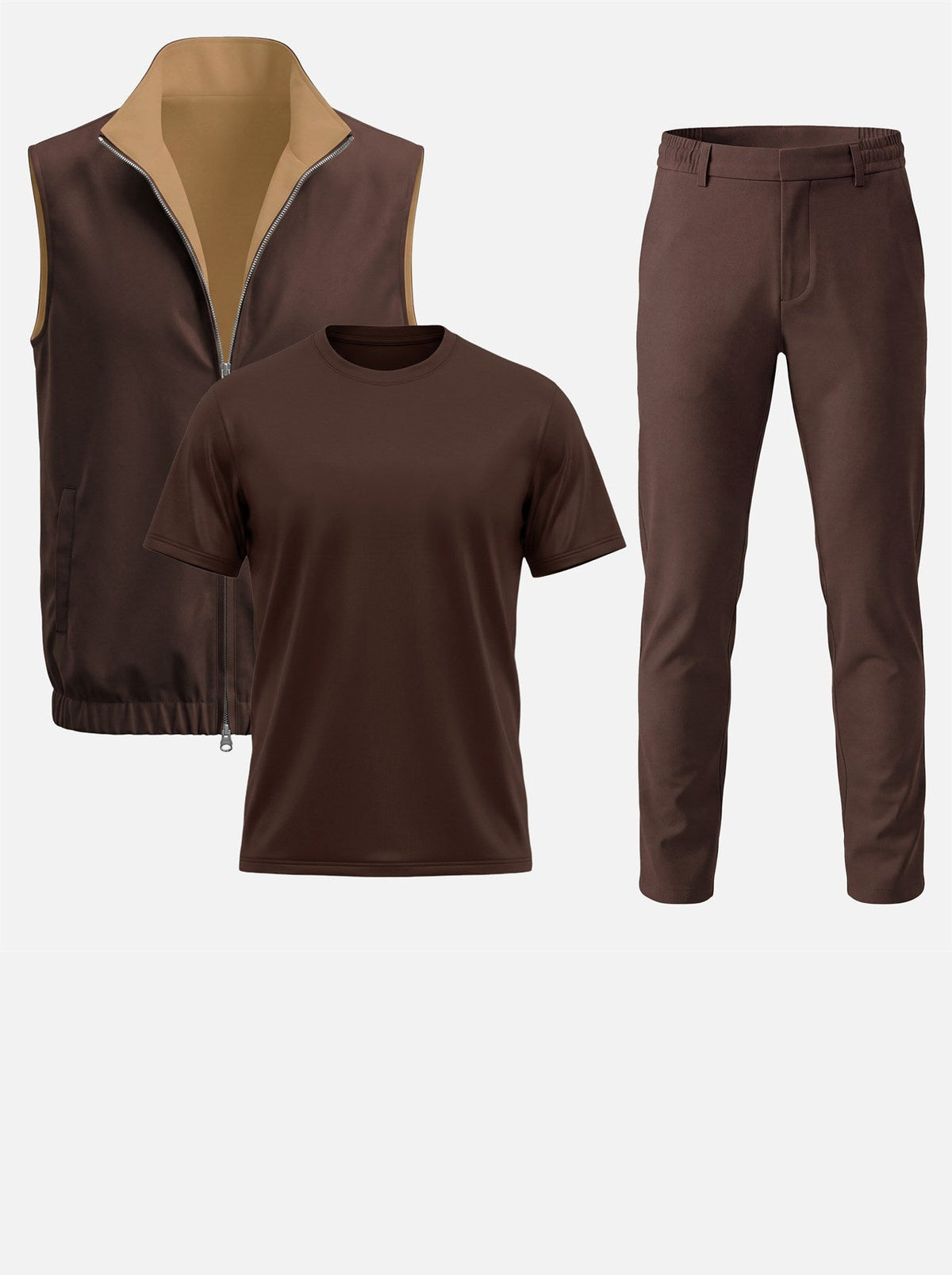 Massimo Gilet Set with T-Shirt - Dark Brown Top & Brown Pants