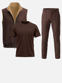 Massimo Gilet Set with T-Shirt - Dark Brown Top & Brown Pants