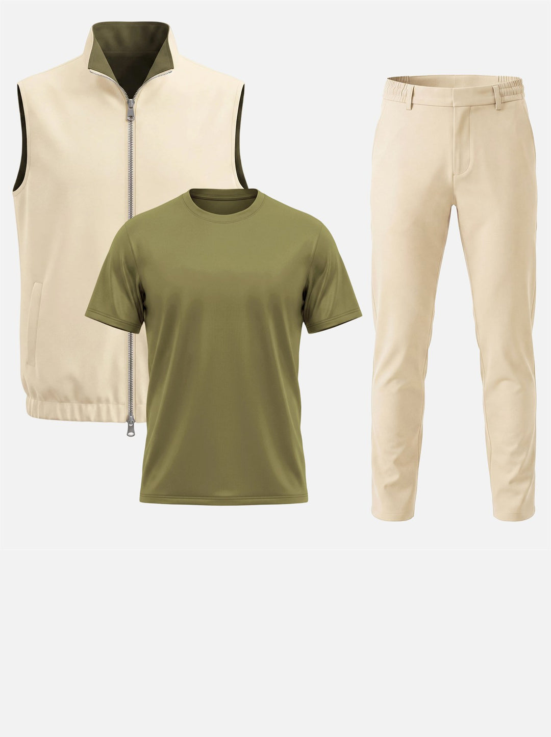 Massimo Gilet Set with T-Shirt - Olive Green Top & Beige Pants