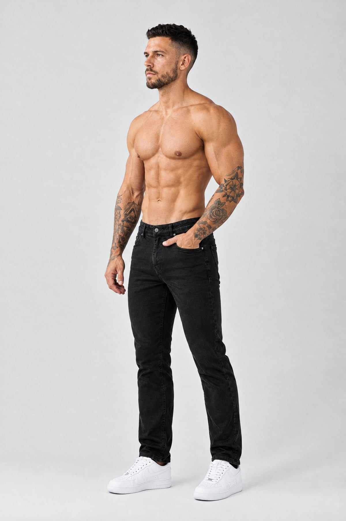 The Mateo Jeans - Black – regular straight fit, half side view