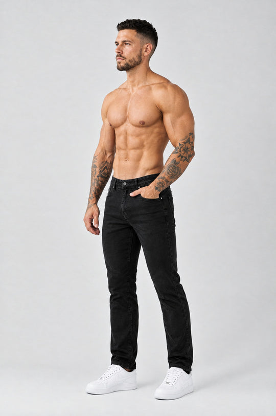 The Mateo Jeans - Black – regular straight fit, half side view