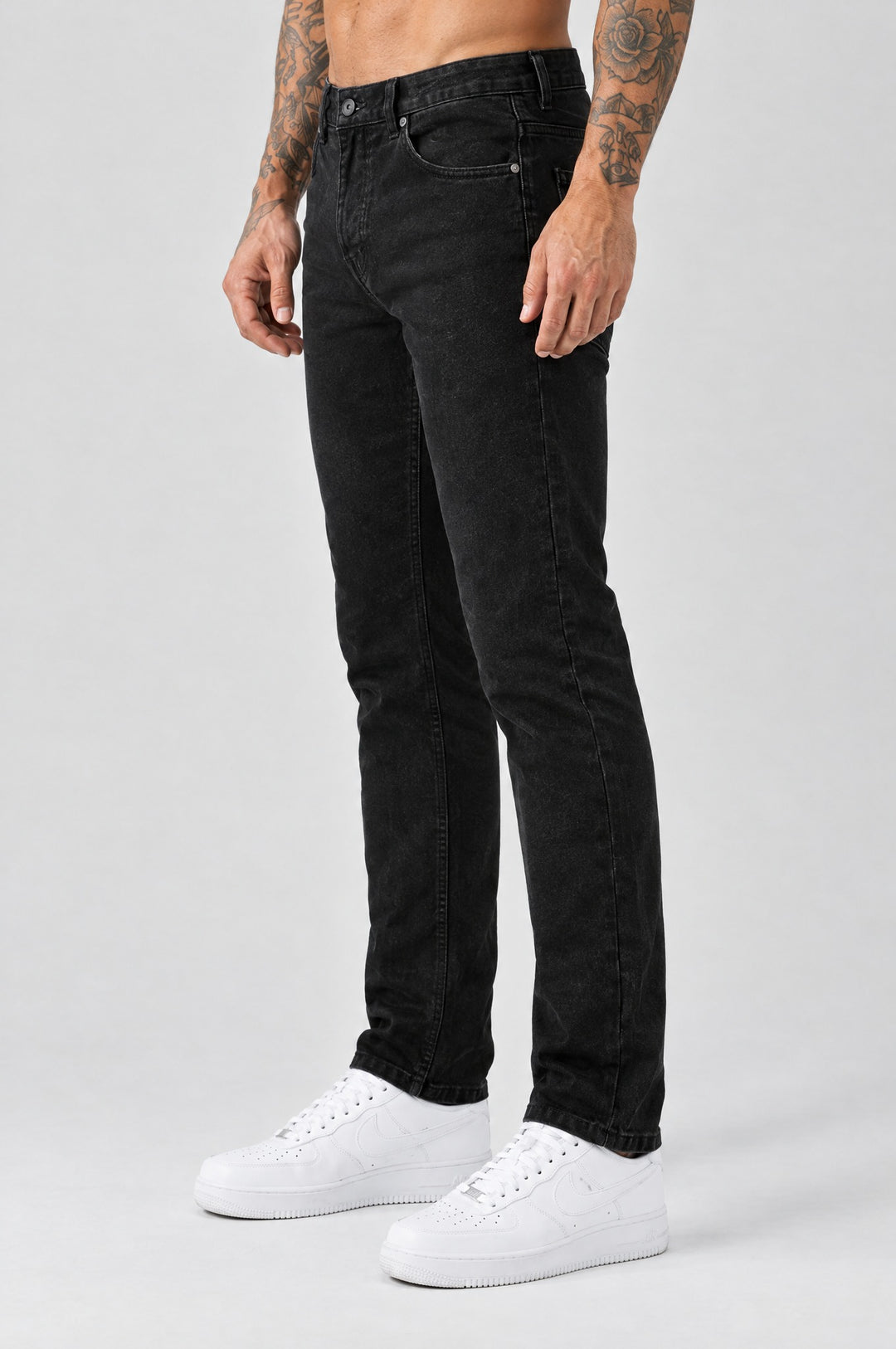 The Mateo Jeans - Black – regular straight fit, side view, regular straight leg
