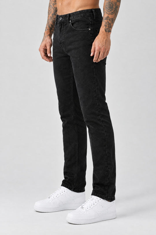 The Mateo Jeans - Black – regular straight fit, side view, regular straight leg