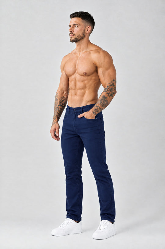 The Mateo Jeans - Navy Blue – regular straight fit, half side view