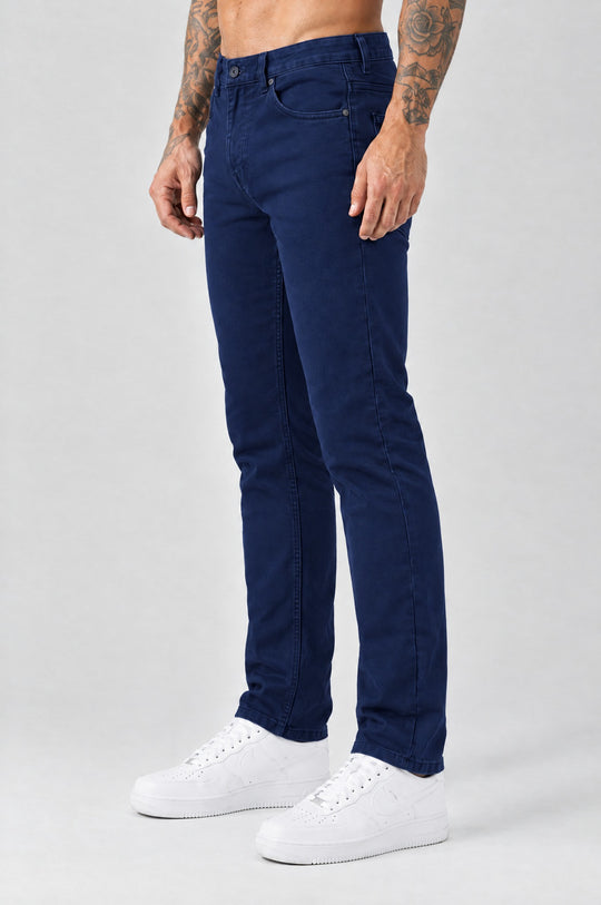 The Mateo Jeans - Navy Blue – regular straight fit, side view, regular straight leg