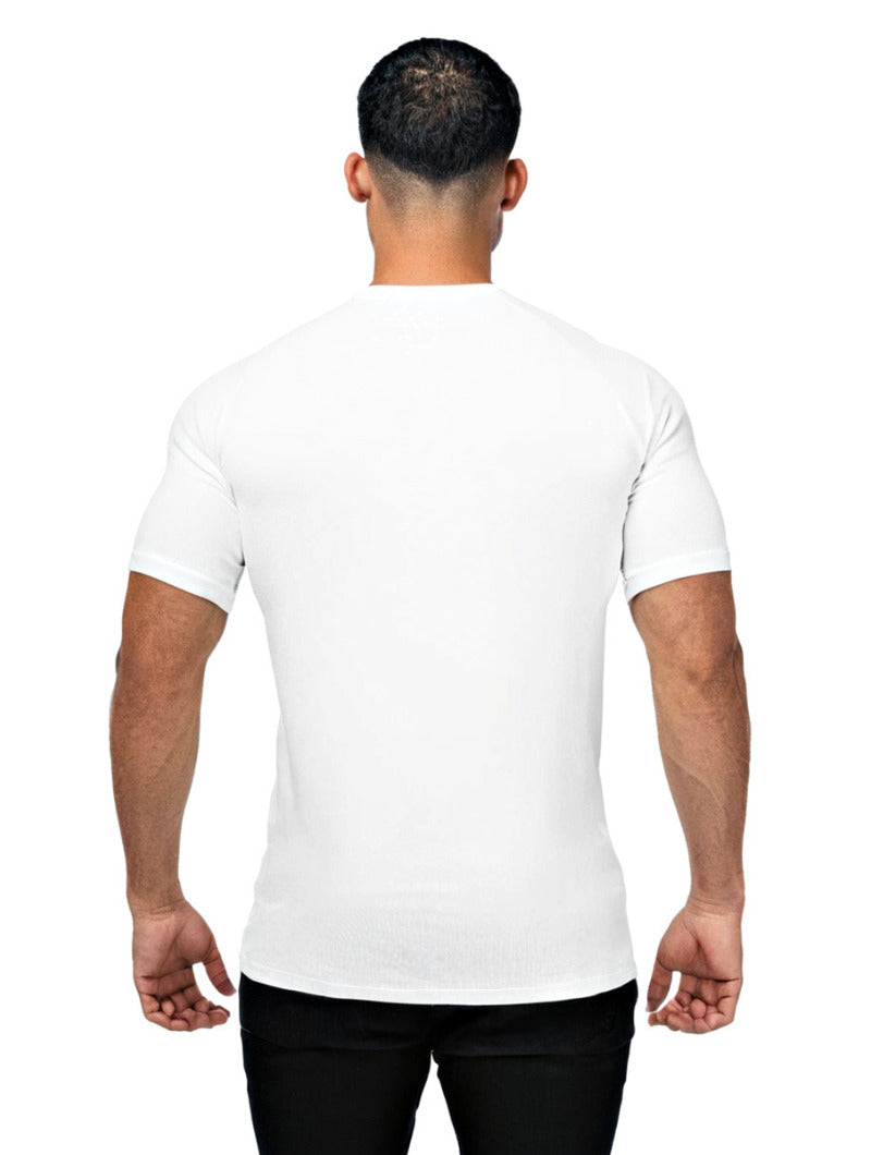 Man wearing a plain white t-shirt on a white background