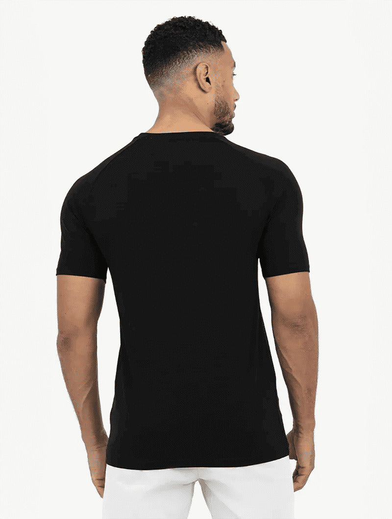 Model in Aleano black slim fit tee - Balinaro 3-pack bundle