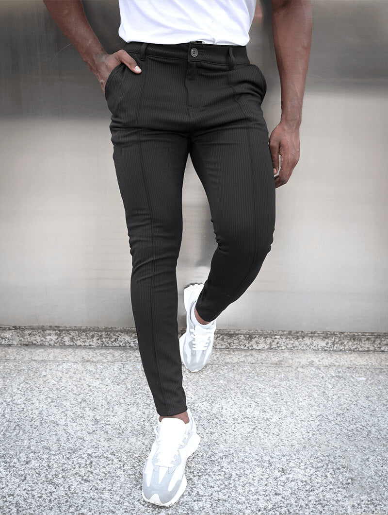 Man wearing Balinaro Evo black trousers - smart casual slim fit style