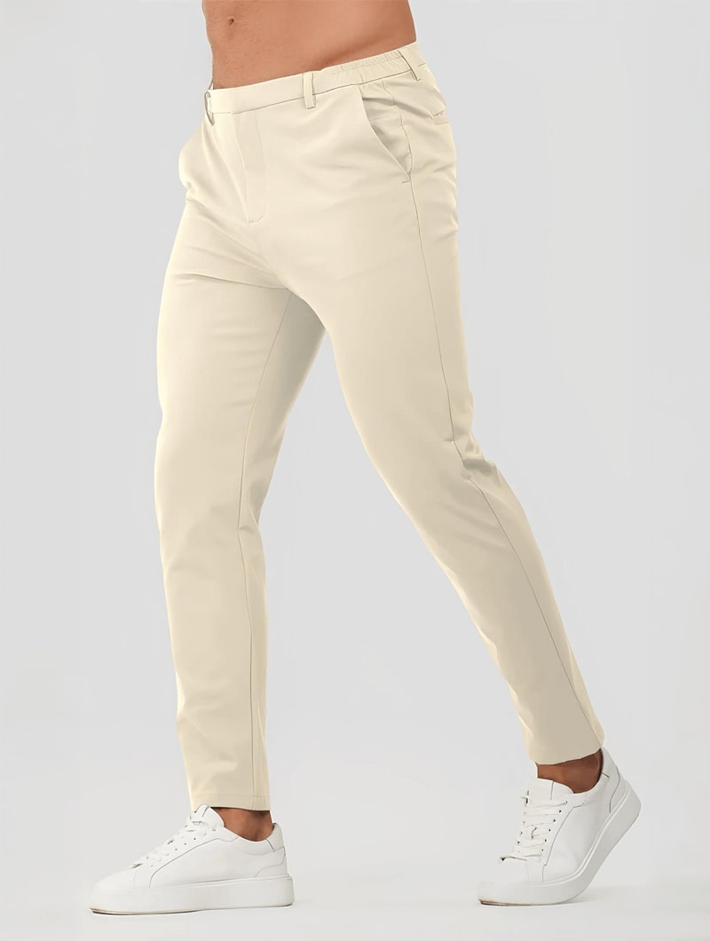Man wearing Balinaro Rocio beige stretch pants - lightweight casual trousers
