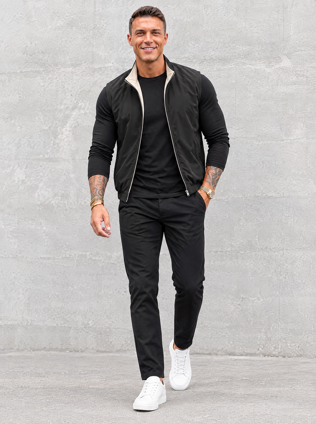 Massimo Gilet Set with Long Sleeve - Black Top & Black Pants