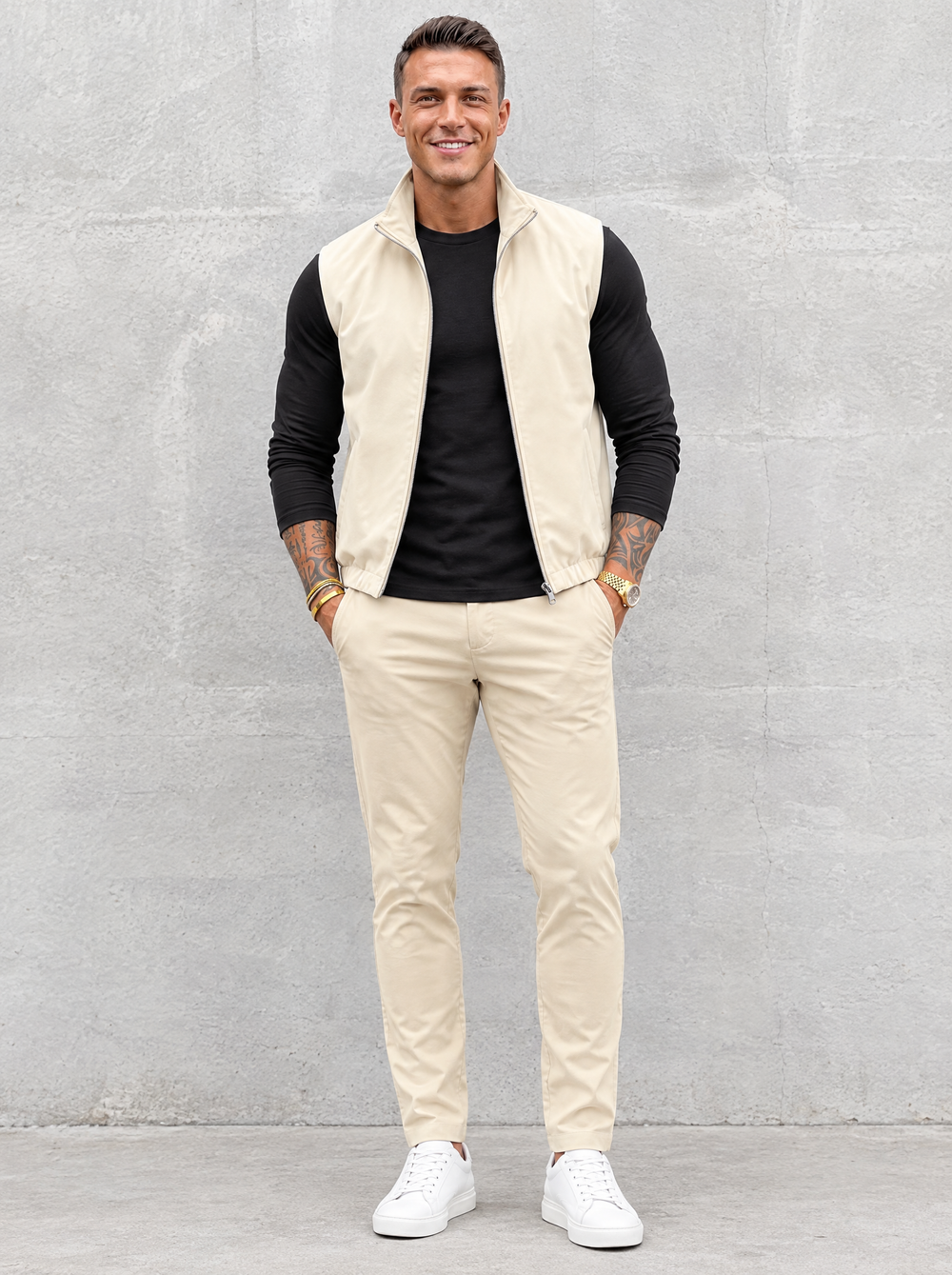 Massimo Gilet Set with Long Sleeve - Black Top & Beige Pants
