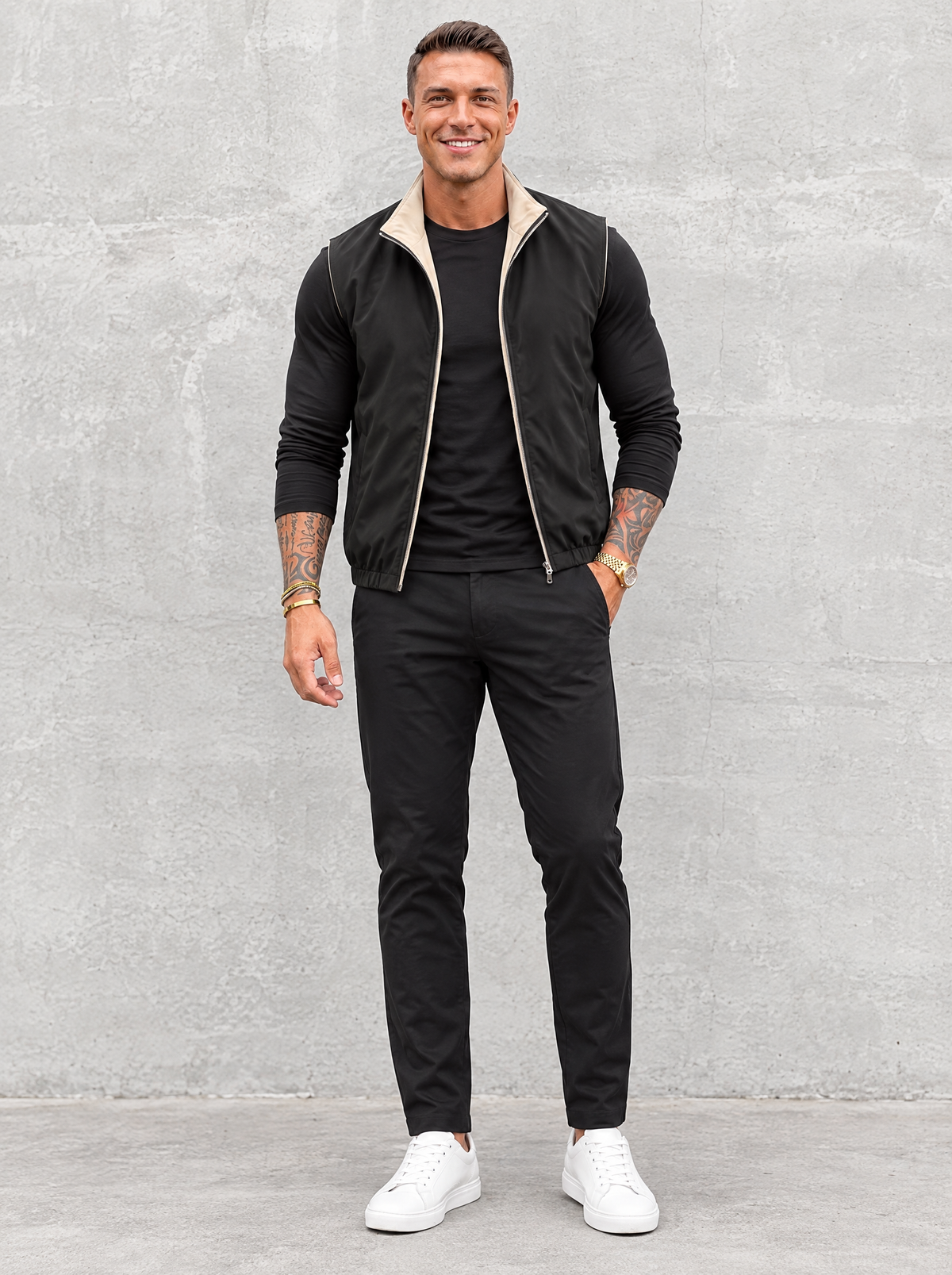 Massimo Gilet Set with Long Sleeve - Black Top & Black Pants