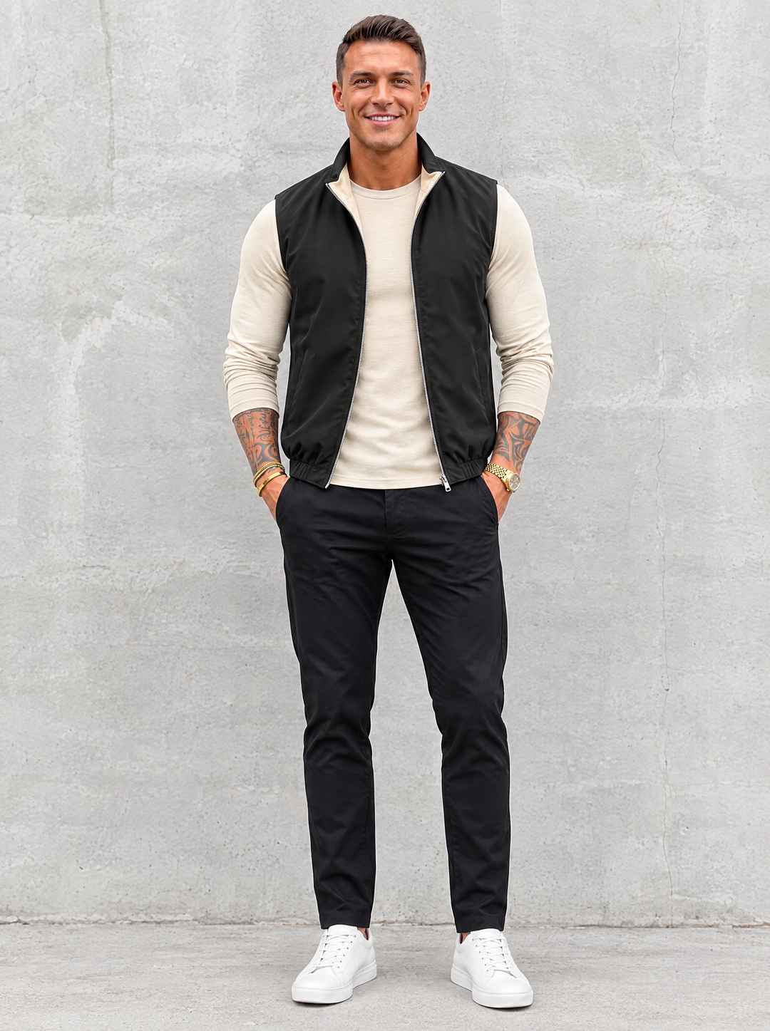 Massimo Gilet Set with Long Sleeve - Beige Top & Black Pants