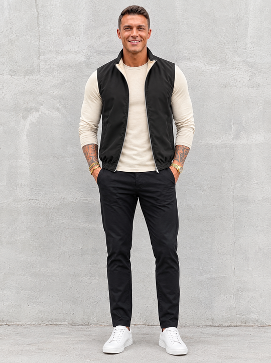 Massimo Gilet Set with Long Sleeve - Beige Top & Black Pants