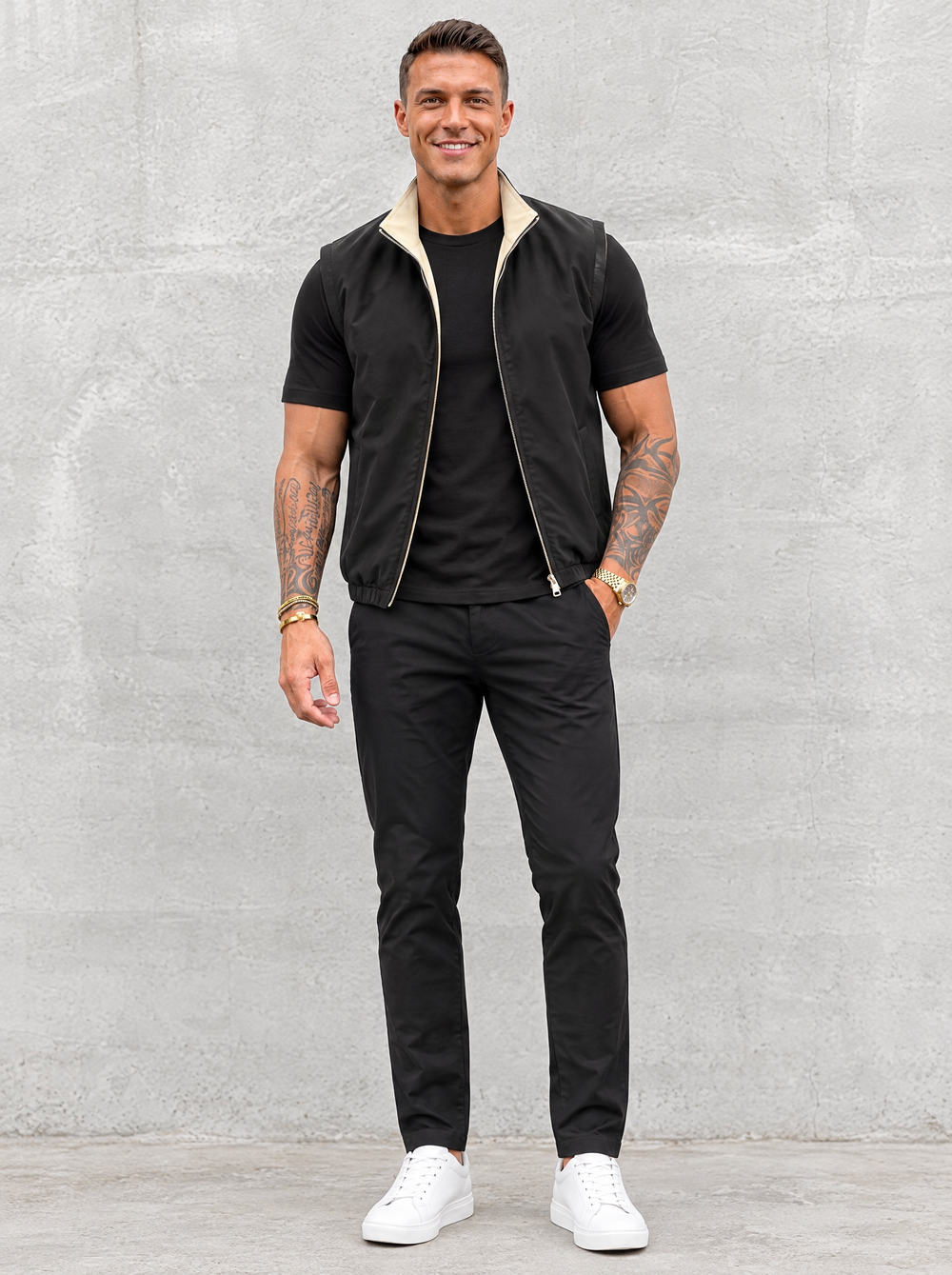 Massimo Gilet Set with T-Shirt - Black Top & Black Pants