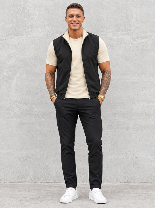 Massimo Gilet Set with T-Shirt - Beige Top & Black Pants