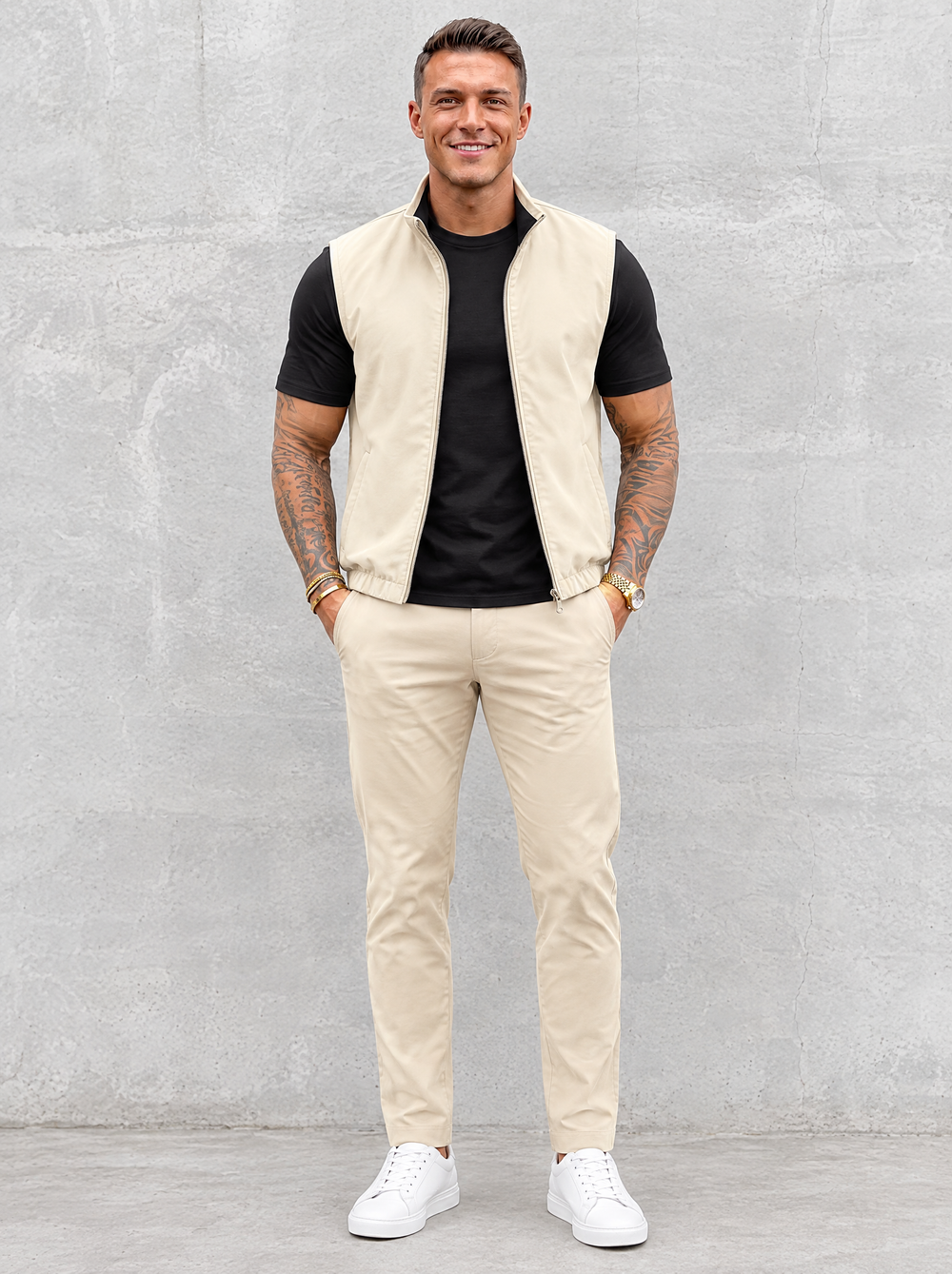 Massimo Gilet Set with T-Shirt - Black Top & Beige Pants